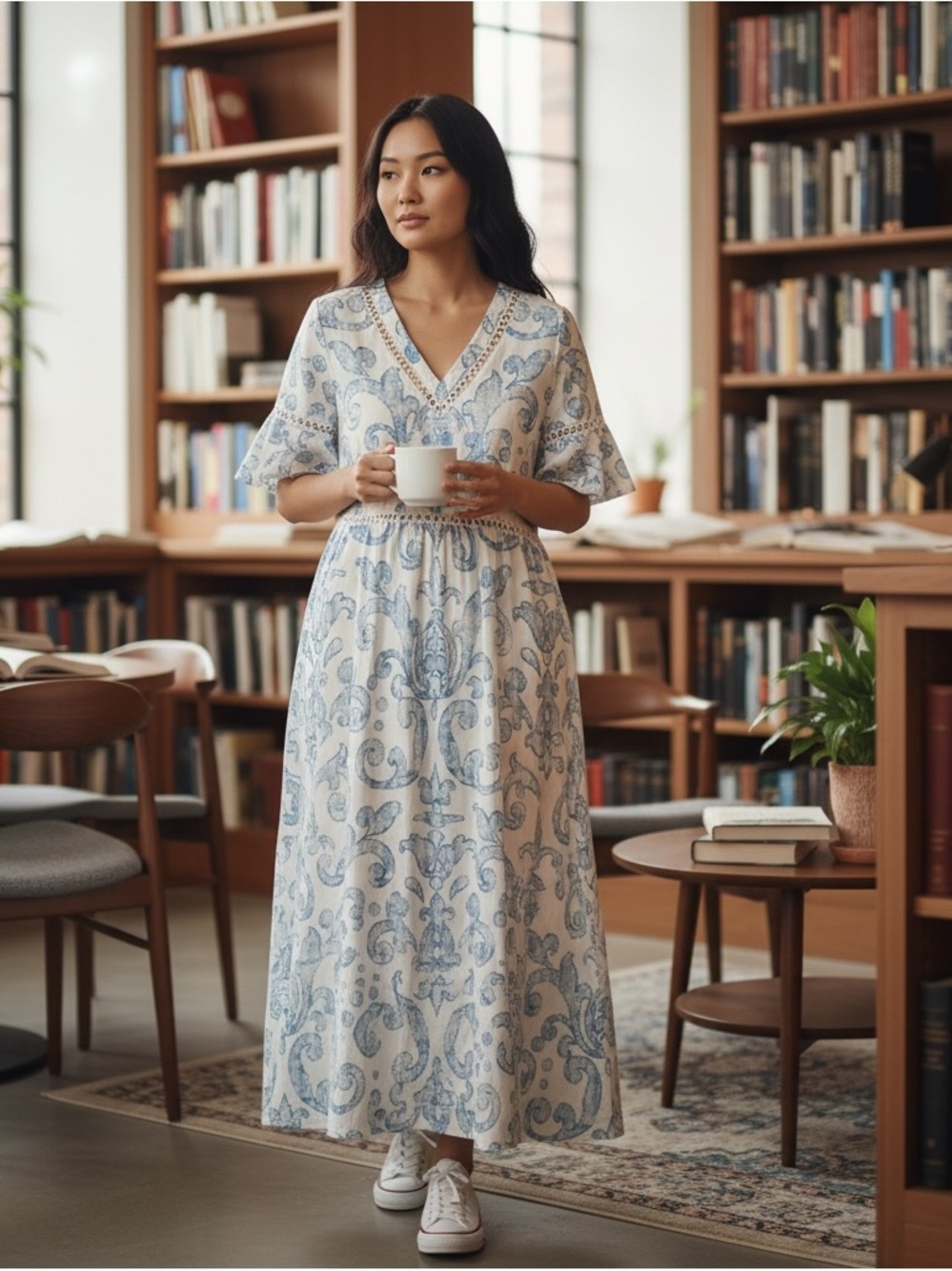 V-Neck Blue Paisley Maxi Dress